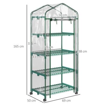 Serre de jardin balcon sur roulettes 4 étagères dim. 0,69L x 0,5l x 1,65H m acier thermolaqué bâche PVC porte zippée transparente 3