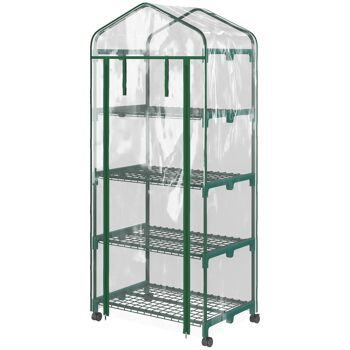 Serre de jardin balcon sur roulettes 4 étagères dim. 0,69L x 0,5l x 1,65H m acier thermolaqué bâche PVC porte zippée transparente 4