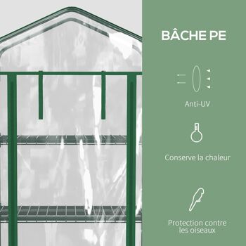 Serre de jardin balcon sur roulettes 4 étagères dim. 0,69L x 0,5l x 1,65H m acier thermolaqué bâche PVC porte zippée transparente 5