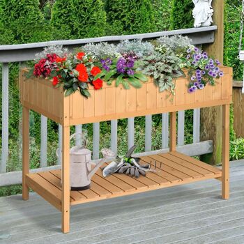 Jardinière sur pieds carré potager avec étagère dim. 110L x 46l x 76H cm 8 compartiments & inserts d'irrigation bois de sapin 2