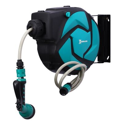 Wall-mounted hose reel automatic swivel 180° hose 10 + 1 m with spray lance integrated wall support turquoise black