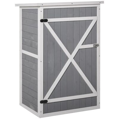 Garden shed cabinet tool shed - large lockable latch door - 2 shelves - sloping bitumen roof gray white fir wood