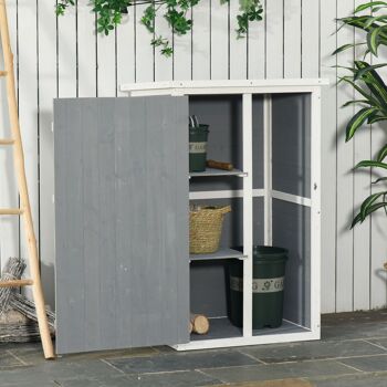 Armoire abri de jardin remise pour outils - grande porte verrouillable loquet - 2 étagères - toit bitumé incliné bois de sapin blanc gris 4