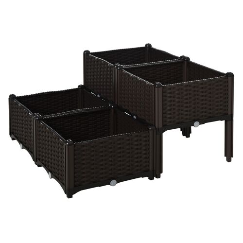 Jardinière sur pieds carré potager 2 étages dim. 80L x 80l x 44H cm insert d'irrigation plastique imitation rotin tressé chocolat