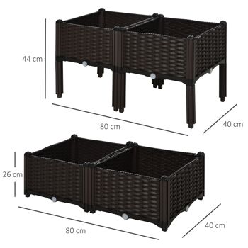 Jardinière sur pieds carré potager 2 étages dim. 80L x 80l x 44H cm insert d'irrigation plastique imitation rotin tressé chocolat 3