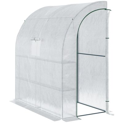 Attached garden greenhouse Attached greenhouse dim. 2L x 1W x 2.13H m 4 shelves 2 zipped doors 1 white high density PE steel window