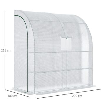 Serre de jardin adossée serre adossée dim. 2L x 1l x 2,13H m 4 étagères 2 portes zippées 1 fenêtre acier PE haute densité blanc 3