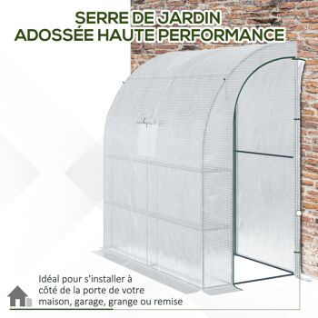 Serre de jardin adossée serre adossée dim. 2L x 1l x 2,13H m 4 étagères 2 portes zippées 1 fenêtre acier PE haute densité blanc 4