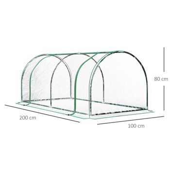 Serre de jardin tunnel serre à tomates dim. 2L x 1l x 0,8H m 2 portes zippées bâche PVC transparent acier époxy vert 3