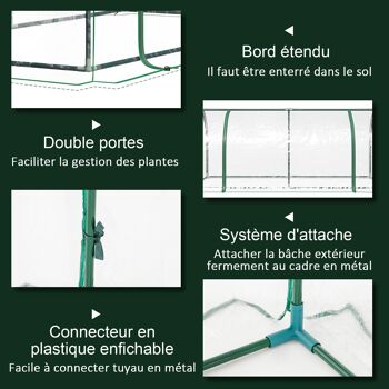 Serre de jardin tunnel serre à tomates dim. 2L x 1l x 0,8H m 2 portes zippées bâche PVC transparent acier époxy vert 4