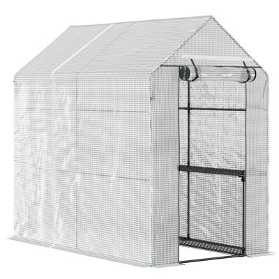 Garden greenhouse 2 shelves dim. 1.86L x 1.2W x 1.9H m roll-down door high density PE steel 140 g/m² transparent white