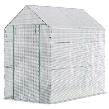 Serre de jardin 2 tablettes dim. 1,86L x 1,2l x 1,9H m porte déroulante acier PE haute densité 140 g/m² transparent blanc 2