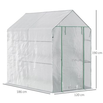 Serre de jardin 2 tablettes dim. 1,86L x 1,2l x 1,9H m porte déroulante acier PE haute densité 140 g/m² transparent blanc 4