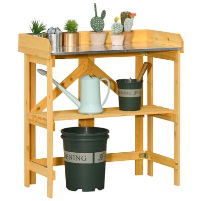 Foldable gardening potting table - galvanized steel tray shelf with edge - pre-oiled fir wood