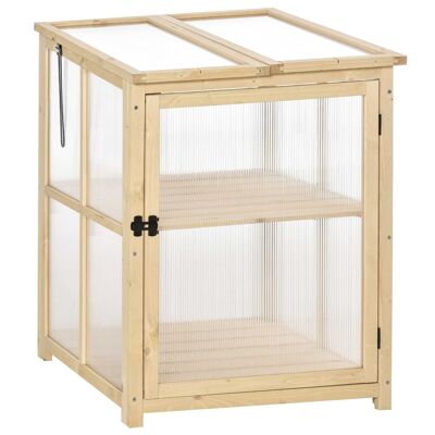 Mini invernadero de jardín 2 niveles Dim. 62L x 63W x 82H cm puerta y techo de panel que abre madera de abeto policarbonato tratado