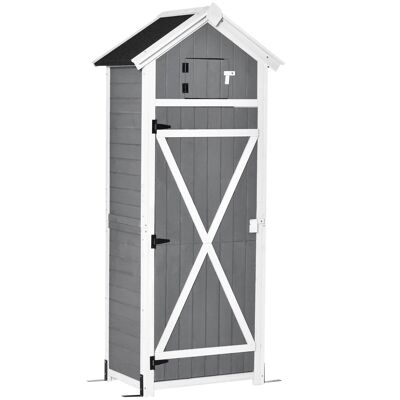 Garden shed cabinet tool shed 4 shelves 9 hooks 2 door latches sloping roof tarred fir tree gray white