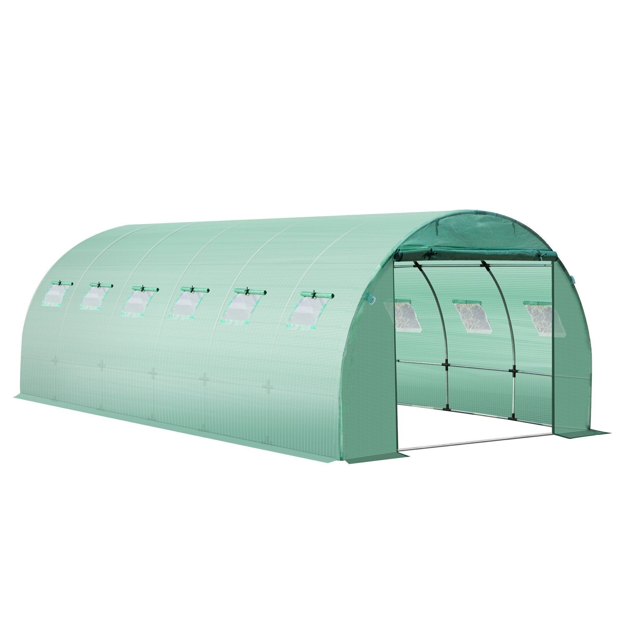 Bâche de rechange serre tunnel 18 m², bâche dim. 6L x 3l x 2H m PE anti-UV imperméable 12 fenêtres + porte enroulable zippée vert