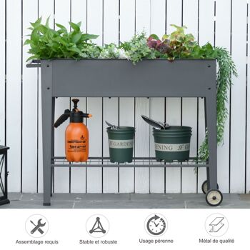 Jardinière sur pieds potager dim. 104L x 39l x 80H cm étagère 2 roues + insert d'irrigation métal gris 4