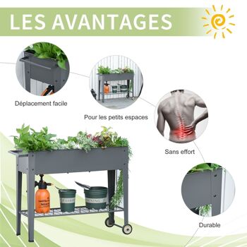 Jardinière sur pieds potager dim. 104L x 39l x 80H cm étagère 2 roues + insert d'irrigation métal gris 5