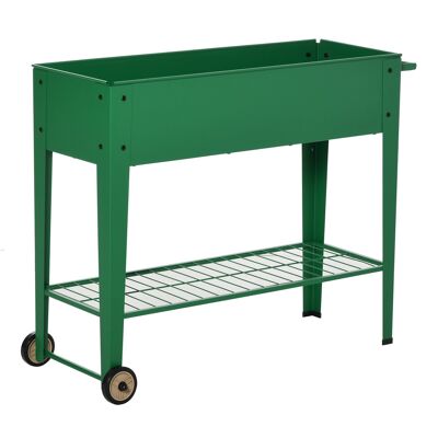 Jardinera con patas huerta Dim. 104L x 39W x 80H cm estante 2 ruedas + inserto de riego de metal verde