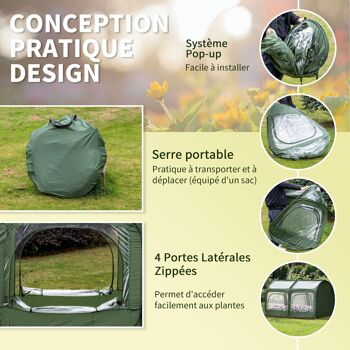 Serre pop-up - serre de jardin pop-up - 4 portes zippées enroulables - dim. 2,5L x 1,25l x 1,35H m - sac transport inclus - PVC vert 4