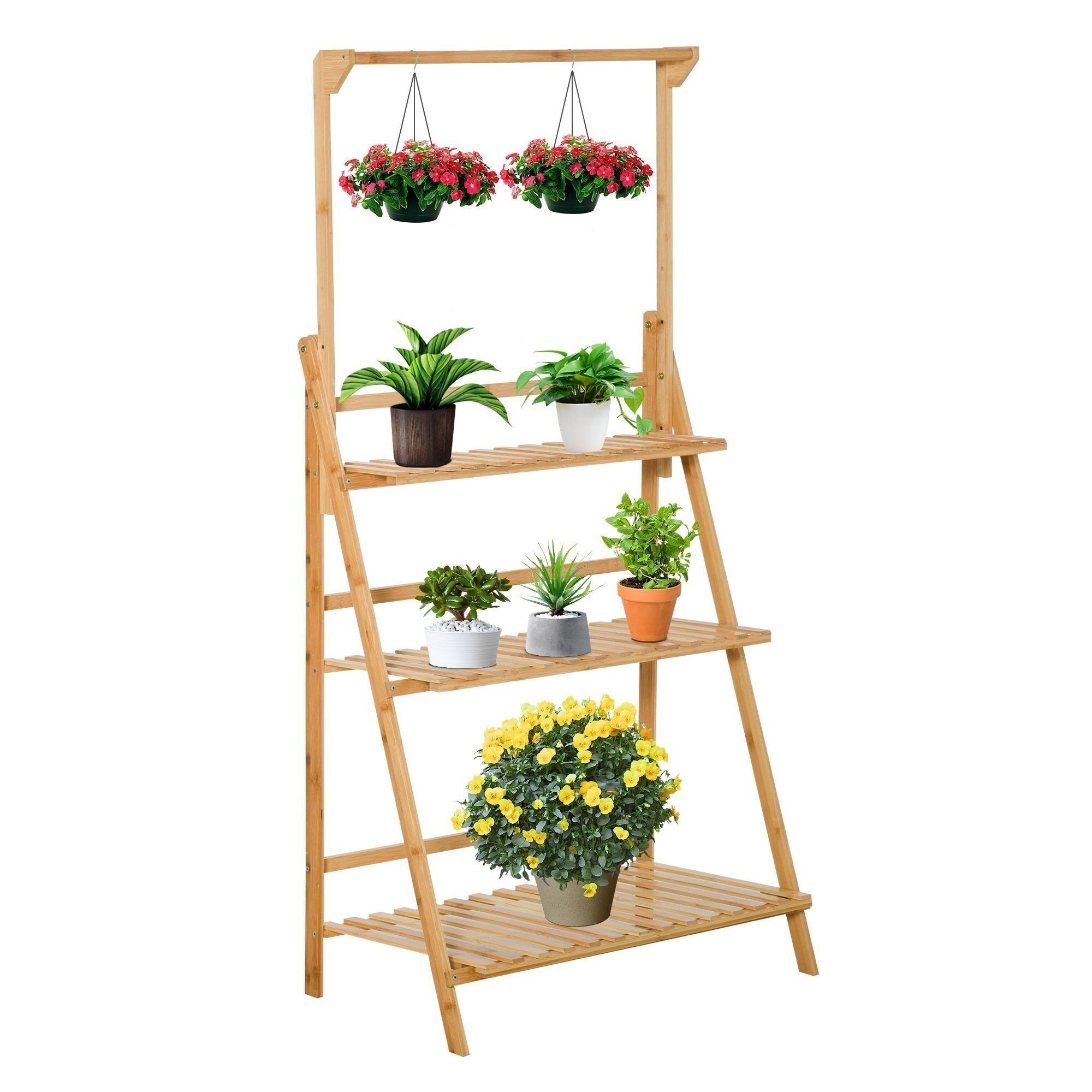 Scaffale per fiori in legno di bambù - porta piante in legno 3 ripiani + barra di supporto per appendere vasi