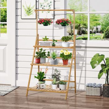 Étagère échelle à fleurs en bois de bambou - porte plante bois 3 étagères + barre support pour pots suspendus 2