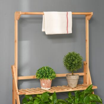 Étagère échelle à fleurs en bois de bambou - porte plante bois 3 étagères + barre support pour pots suspendus 4