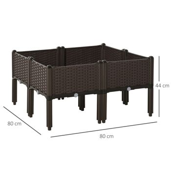 Jardinière sur pieds carré potager dim. 80L x 80l x 44H cm inserts d'irrigation inclus PP imitation rotin tressé chocolat 3