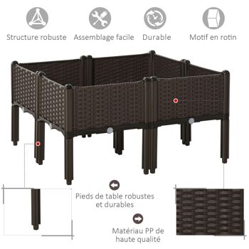 Jardinière sur pieds carré potager dim. 80L x 80l x 44H cm inserts d'irrigation inclus PP imitation rotin tressé chocolat 4