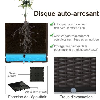 Jardinière sur pieds carré potager dim. 80L x 80l x 44H cm inserts d'irrigation inclus PP imitation rotin tressé chocolat 5