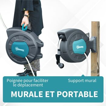 Dévidoir mural enrouleur automatique pivotant 180° tuyau 15 + 1,4 m avec lance arrosage support mural intégré turquoise gris 4