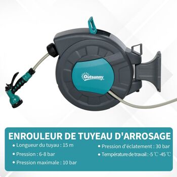 Dévidoir mural enrouleur automatique pivotant 180° tuyau 15 + 1,4 m avec lance arrosage support mural intégré turquoise gris 5