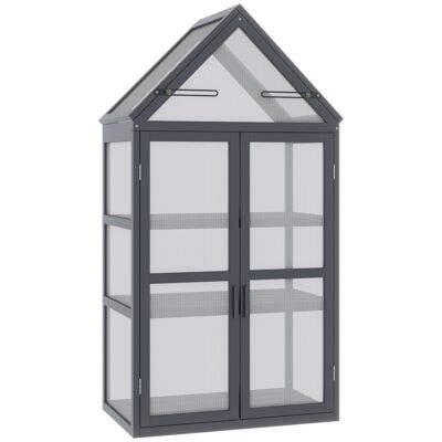 Mini garden greenhouse in polycarbonate wooden frame 3 levels dim. 70.5L x 42W x 132H cm double door adjustable vents gray