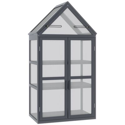 Mini invernadero de jardín en estructura de madera de policarbonato 3 niveles Dim. 70.5L x 42W x 132H cm doble puerta ventilaciones ajustables gris