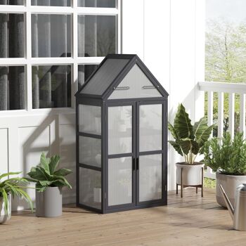 Mini serre de jardin en polycarbonate cadre en bois 3 niveaux dim. 70,5L x 42l x 132H cm double porte aérations réglables gris 2