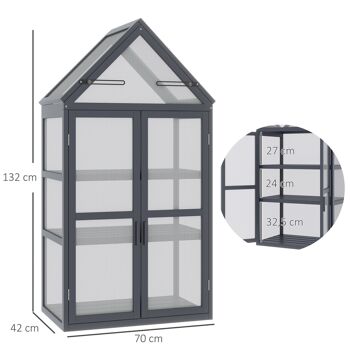 Mini serre de jardin en polycarbonate cadre en bois 3 niveaux dim. 70,5L x 42l x 132H cm double porte aérations réglables gris 3