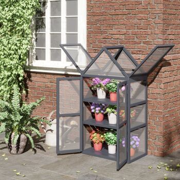 Mini serre de jardin en polycarbonate cadre en bois 3 niveaux dim. 70,5L x 42l x 132H cm double porte aérations réglables gris 4