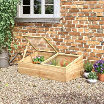 Mini serre de jardin serre pour semis dim. 100L x 50l x 36H cm toit 2 pans ouvrables séparement panneaux de polycarbonate bois sapin pré-huilé 2