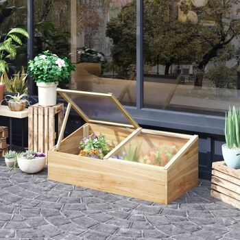 Mini serre de jardin serre pour semis dim. 100L x 50l x 36H cm toit 2 pans ouvrables séparement panneaux de polycarbonate bois sapin pré-huilé 5