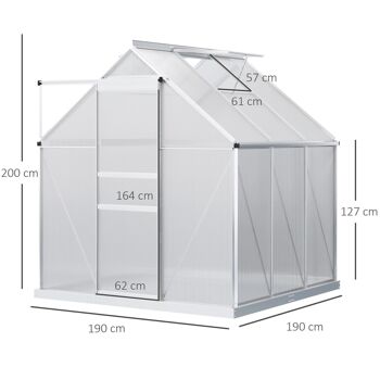 Serre de jardin aluminium polycarbonate 3,61 m² dim. 1,9L x 1,9l x 2H m lucarne réglable fondation porte coulissante 3