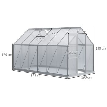 Serre de jardin aluminium polycarbonate 7,12 m² dim. 3,75L x 1,9l x 2H m lucarne réglable fondation porte coulissante 3