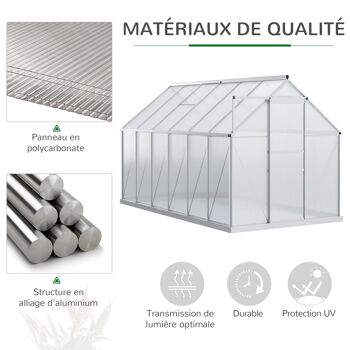 Serre de jardin aluminium polycarbonate 7,12 m² dim. 3,75L x 1,9l x 2H m lucarne réglable fondation porte coulissante 5