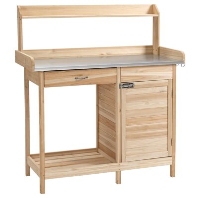 Gardening potting table - 2 shelves, drawer, cupboard, galvanized steel sheet top with rim, 3 hooks - pre-oiled fir wood