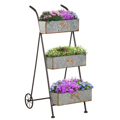 Trolley planter on foot 3 levels rural chic style - foldable - 2 handles and wheels - aged effect hammered metal rope knots