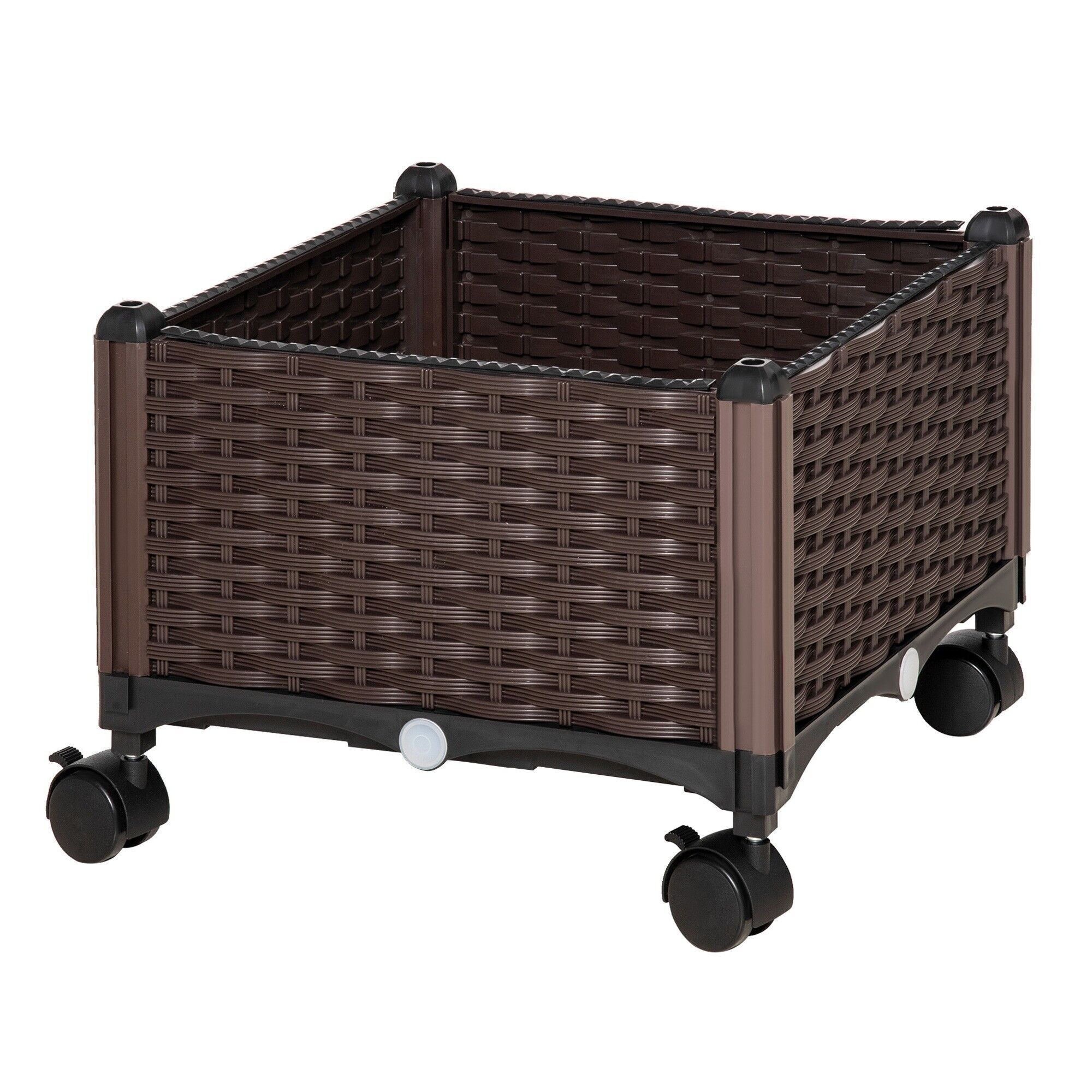 Fioriera su ruote dim 40L x 40L x 31H cm inserto per irrigazione in plastica color cioccolato intrecciato simil rattan