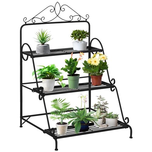 Support pour plantes présentoir avec étagères en métal 3 niveaux forme escalier intérieur/extérieur dim. 60,5L x 59,5l x 95,5H cm noir
