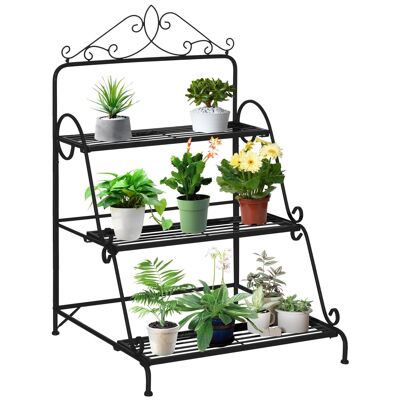 Plant stand display with metal shelves 3 levels indoor/outdoor staircase shape dim. 60.5L x 59.5W x 95.5H cm black