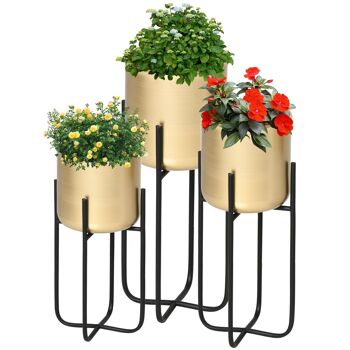 Supports de pots de fleurs design - supports à plantes - lot de 3 avec pots de fleurs - métal époxy noir doré 4