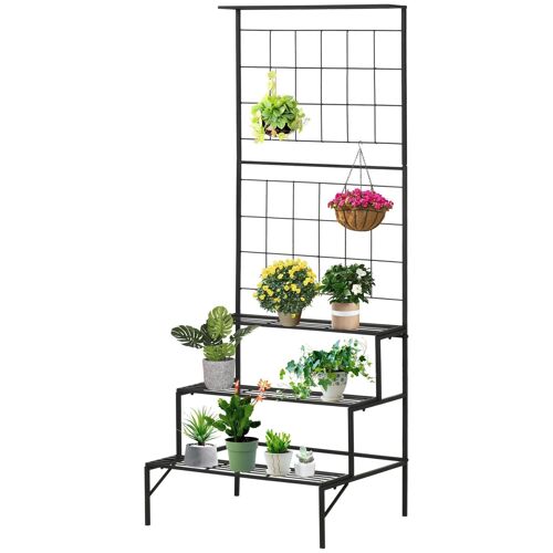 Support pour plantes avec treillis et 3 étagères escalier intérieur extérieur en métal dim. 60L x 53,5l x 159,5H cm noir
